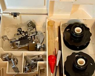 VINTAGE/ANTIQUE SINGER 401A WITH ACCESSORIES, CABINET AND BENCH