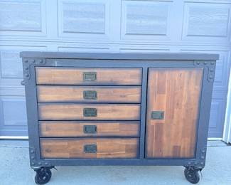 Lot #42 Industrial Rolling Cabinet – Wood & Metal Storage Sideboard w/ Drawers & Door, Steampunk Style Furniture