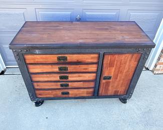 Lot #42 Industrial Rolling Cabinet – Wood & Metal Storage Sideboard w/ Drawers & Door, Steampunk Style Furniture