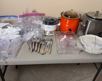 Lot #5 Huge Kitchen Lot – Crock-Pot Slow Cookers, Rice Cooker, Stainless Flatware, Melamine Plates & Bulk Plastic Utensils