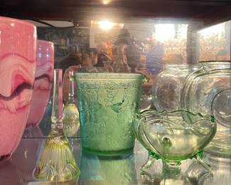 Fostoria Oak Leaf Brocade ice bucket, back right: uranium glass fish bowl vase