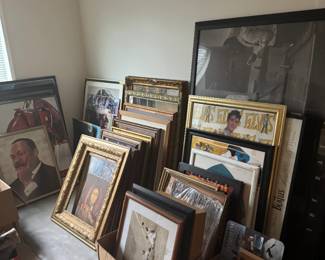 Large grouping of framed artwork, prints, mirrors, and wall decor including music, pop culture, sports, portrait, and vintage-style pieces. Great selection for decorators, collectors, and resellers looking for framed art and unique wall display items.