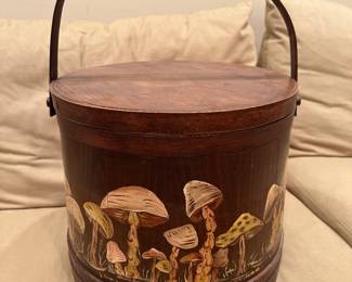 Vintage wooden sugar bucket with mushrooms!