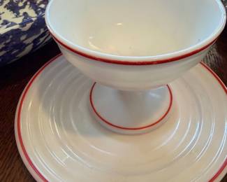 Vintage Hazel Atlas Moderntone Platonite White with Red Band Sherbert dishes and underplates 
