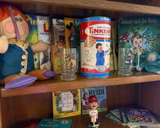 Vintage Children's toys Tinkertoys, Disny Mickey Mouse and Pluto glassware,  books and games. 