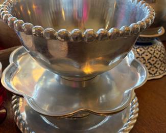 Three Pieces India Handcrafted Beaded Border Decorative Bowl, cake plate and serving platter 