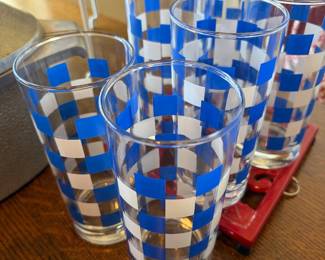 Vintage MCM Blue Checkered Cocktail Set Retro Barware