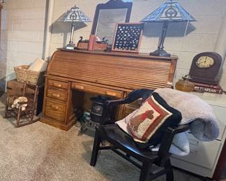 Antique rolltop desk, Tiffany lamps 