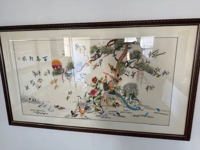 Vintage Japanese silk tapestry art. Framed. "100 Birds."