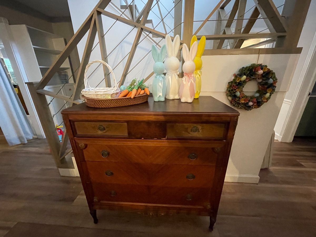 French,  antique, hand-painted dresser, four drawer & stylish Easter decorations