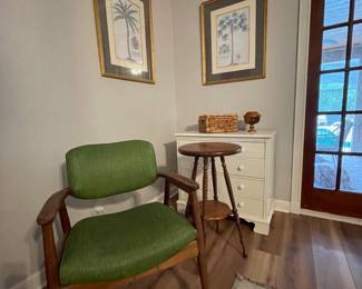 MCM-like side chair, antique spindle leg side table, palm prints and more