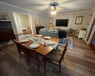 Super pretty White Furn. Co dining table. Comes with 2 arm chairs, 4 straight chairs and two extra leaves. Very stylish, gives off MCM vibes