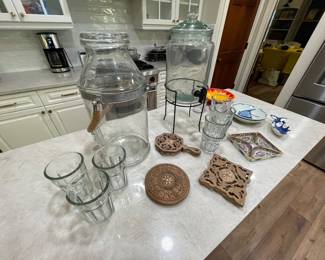 Anchor Hocking glasses, trivets, tabletop glass. beverage dispensers