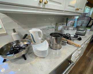 kitchen tools: KitchenAid processor, electric kettle, electric skillet, shaved ice maker, pasta maker, wand blender, hand blender