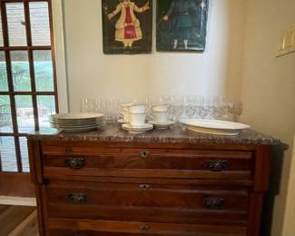 antique three-drawer dresser with marble top