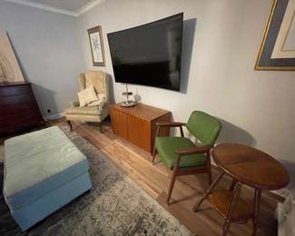 antique spindle leg side table, MCM-like side chair, solid wood media console, antique arm chairs & more