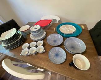 Casual indoor dining table, rectangle, four chairs, everyday dishes and serving platters