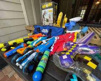 pool toys, water and nerf blasters