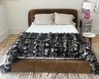 RH queen upholstered bed (bedding, rug, lamp, mirror are not for sale). bed measures 71W x 90D x 43H