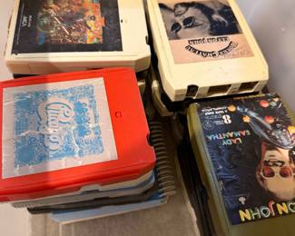 eight-track; also CDs, DVDs, cassettes, a few VHS tapes