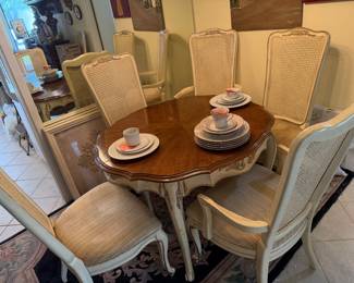 White Furniture Co dining table and six chairs42" wide x 38 long, as shown. Add two 20" leaves and the table is 78" long; two armchairs, four side chairs