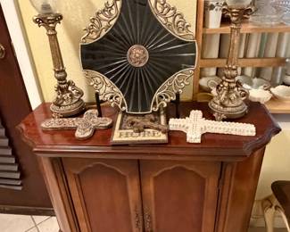 console cabinet; pair lamps