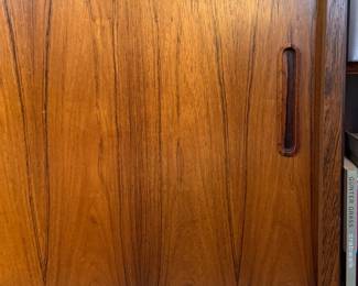 Modern Teak Bookcase with Tambour Doors Likely Danish & Attributed to Poul Hundevad.  55" W x 77" H. Photo 2 of 2. 