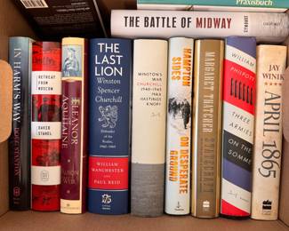 Books Including "The Last Lion" by William Manchester and Paul Reid, "Winston Churchill's War" by Max Hastinfs Knopf, "The Battle of Midway," by Symonds, "April 1865," by Jay Winik, etc. 