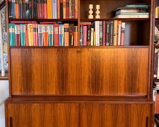 Modern Teak Bookcase with Tambour Doors Likely Danish & Attributed to Poul Hundevad.  55" W x 77" H. Photo 1 of 2. 