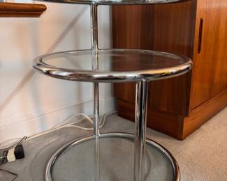 Mid-Century Tubular Chrome and Glass Swivel Side Table.  Measures 22" H x 18" D. Photo 1 of 2. 