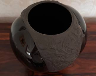 Rosenthal Matte & Gloss Black Porcelain Embossed Vase. Measures 9" H and 9.5" W at Widest. Photo 2 of 3. 