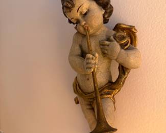 Hand-Carved, Hand-Painted Putti Playing Trumpet. 