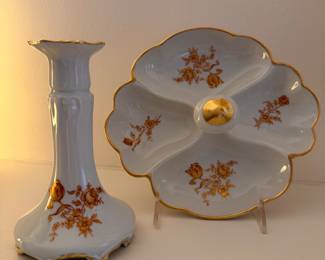 Limoges France Leaf & Roses Gold Trimmed Dish and Vase. Photo 1 of 3. 