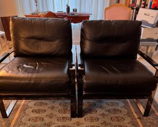Pair of Marshall Fields-Sourced Bison Leather and Chrome Club Chairs In STYLE of Milo Baughman. Each Measures 29" W x 34" D. Photo 1 of 5. 
