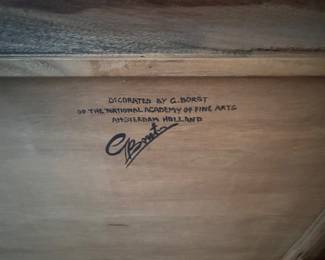 Spanish Inspired Wood Coffer Decorated by G. Borst of the "National Academy of Fine Arts," Amsterdam Holland. Measures 45" W x 22" D x 25" H. Photo 4 of 6. 