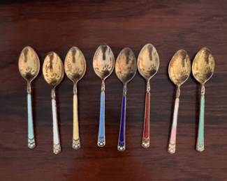Set of 8 Silver Gilt & Enamel Demi Tasse Spoons Sourced from C. Barrett & Co, London. Photo 1 of 2.