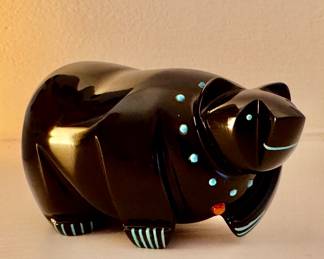 Gabe Sice Zuni Bear Fetish, Hand-Carved with Turquoise and Coral Inlay.  Photo 1 of 2. 