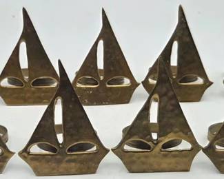 Set of 12 Vintage Hammered Brass Ship Napkin Rings