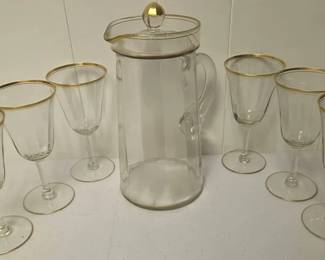 Vintage 20th Century Tiffin Glass Gilded Lidded Pitcher with 6 Glasses
