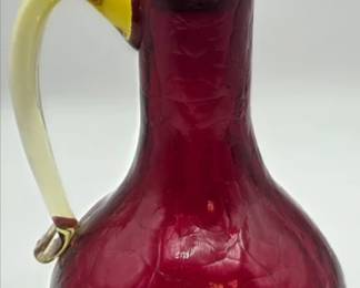 Vintage Red Amberina Kanawha Crackle Glass Cruet with Chrome Cork Stopper - UV Reactive Cadmium