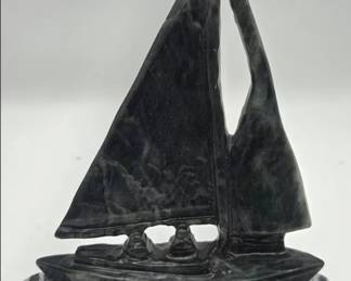 Hand Carved Granite Sail Boat Sculpture - Signed DIMU