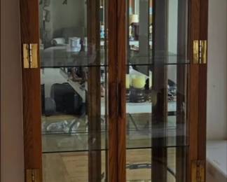 Vintage Henredon Scene One Campaign Style Lighted Curio Display Cabinet Bookcase