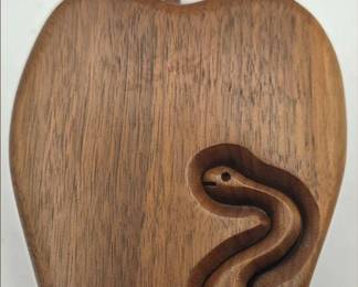 Vintage Hand Carved Black Walnut Wooden Apple with Worm Puzzle Jewelry Box - Signed