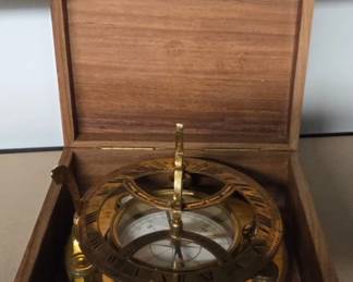 Vintage Brass Compass/Sundial with Wooden Case