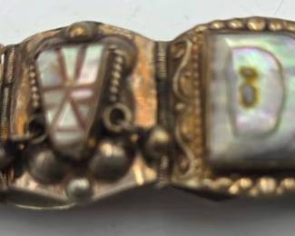 Vintage Taxco Mexico Mayan Abalone 925 Sterling Bracelet - Signed