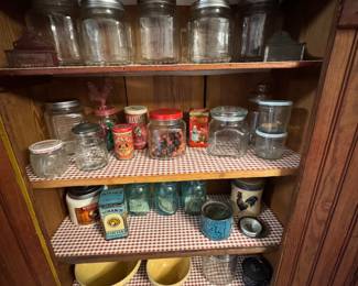 Large selection of vintage canning jars, and spice canisters