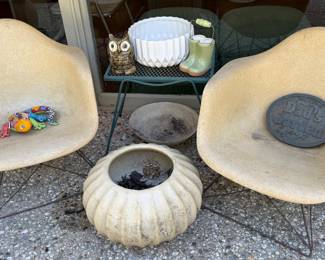 Mid-Mod fiberglass lounge chairs, Iron Table, Glazed Ceramic Accessories