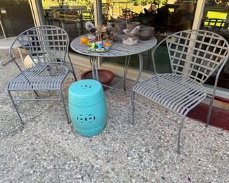 Wrought Iron Bistro Set and Glazed Ceramic Garden Seat