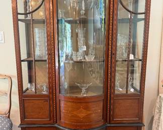 Edwardian style display cabinet with bow front glass and inlaid marquetry design