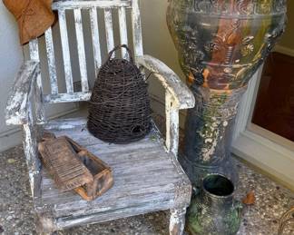 Weathered garden items and Jardiniere on Pedestal 